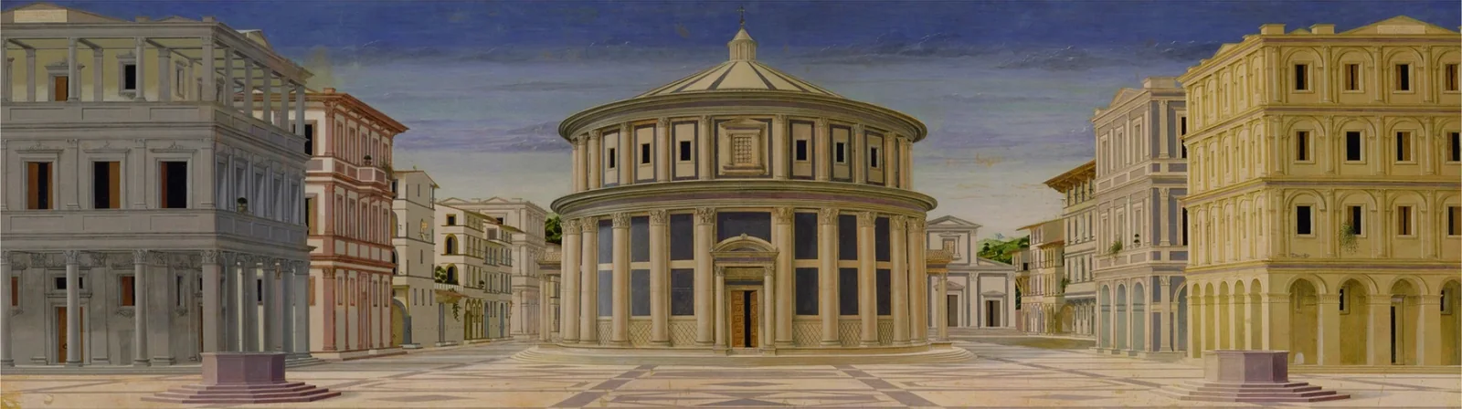 An empty Renaissance square converges toward a circular temple, with orderly palaces and patterned paving on either side.