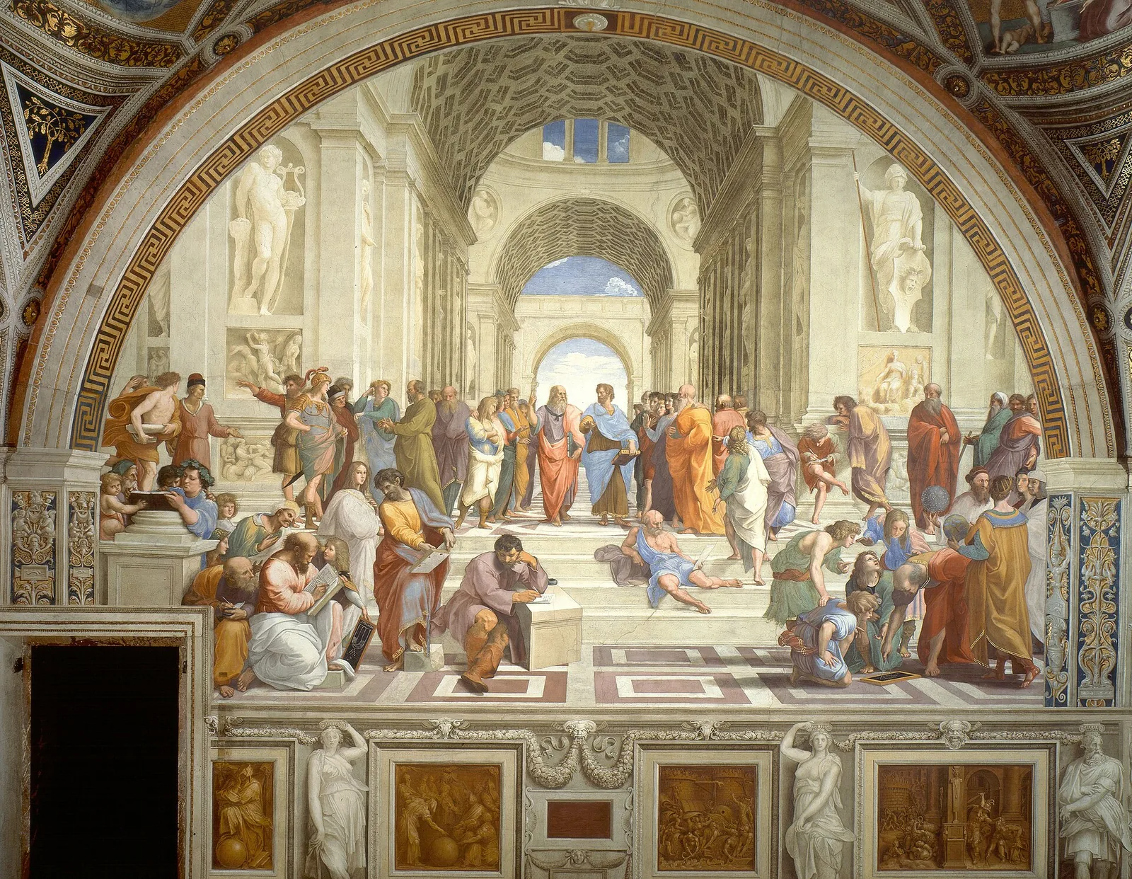 Groups of philosophers read, discuss and demonstrate geometry beneath grand arches, with Plato and Aristotle at the centre.